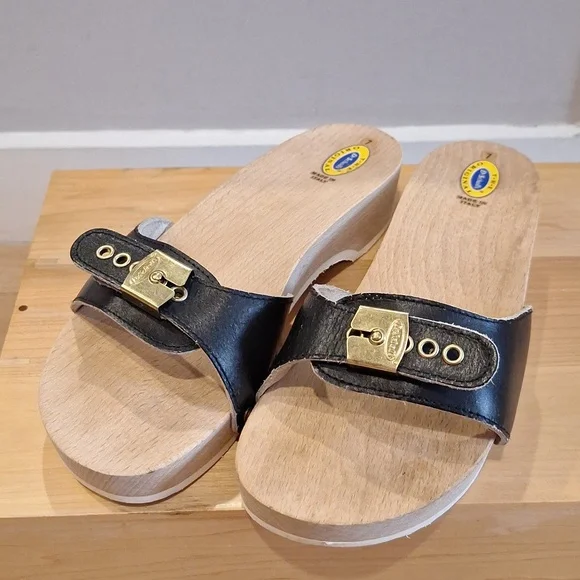 Nearly new vtg Dr Scholls original Black Leather Wood sz 7 - Picture 1 of 12